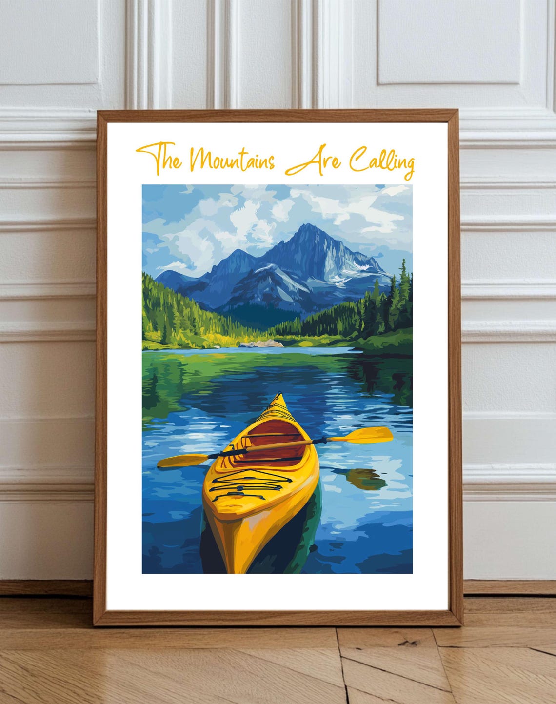 Yellow Kayak Mountain Lake Print Watercolor Lanscape The Mountains Are Calling