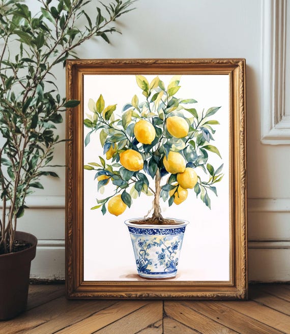 Watercolor Lemon Tree Wall Art Potted Citrus Botanical Print Kitchen Decor Bright Summer Fruit Artwork