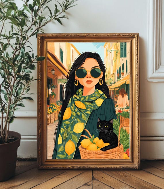 Cozy Cat And Girl Lemon Tree Wall Art Fashion Illustration Cute Cafe Scene For Home Decor