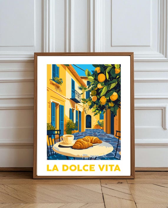 La Dolce Vita Italian Travel Art Prints Poster Vintage Italy Illustration Prosecco Croissant Kitchen Decor