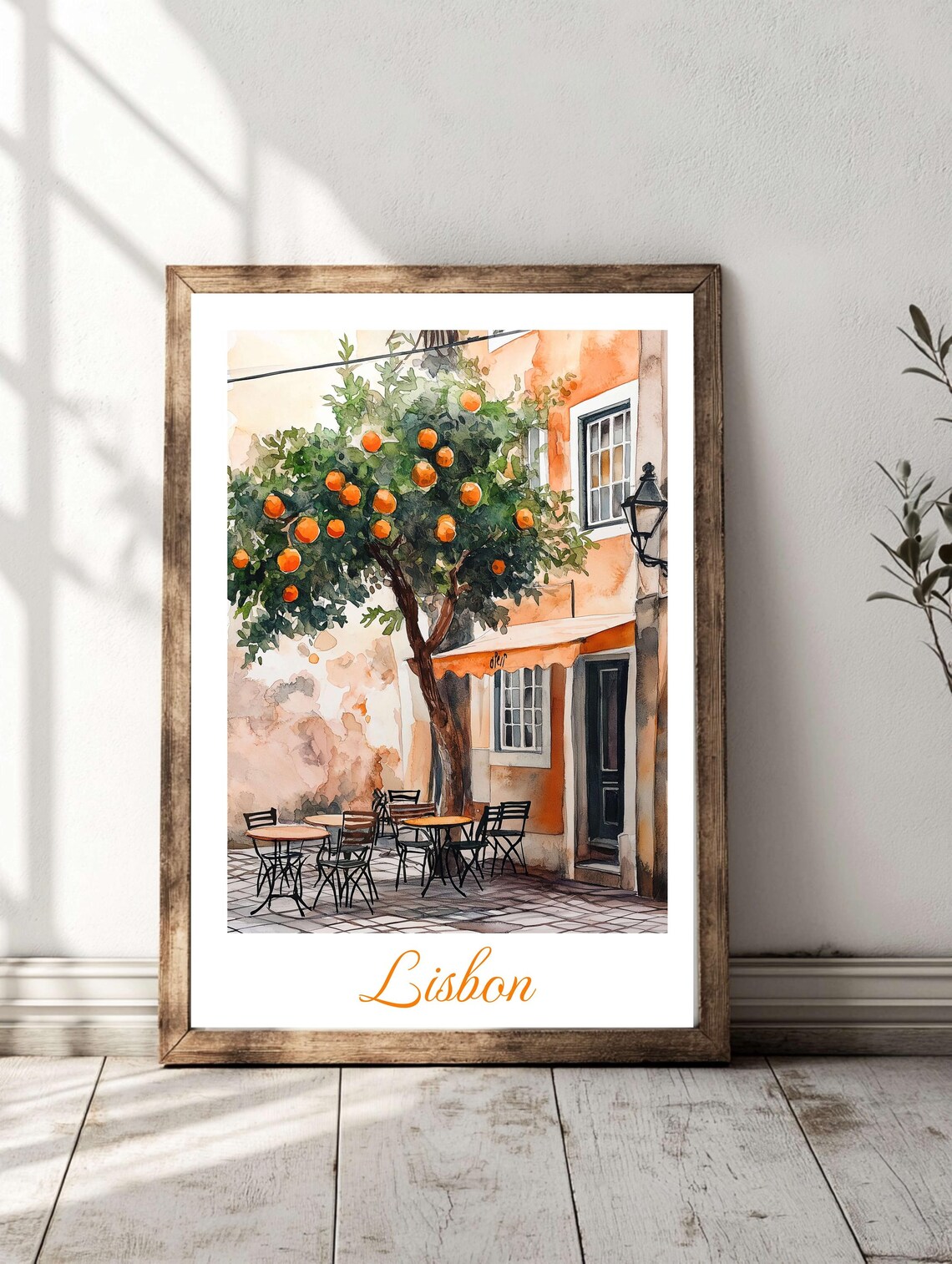 Lisbon Orange Tree Cafe Courtyard Watercolor Portugal Travel Poster