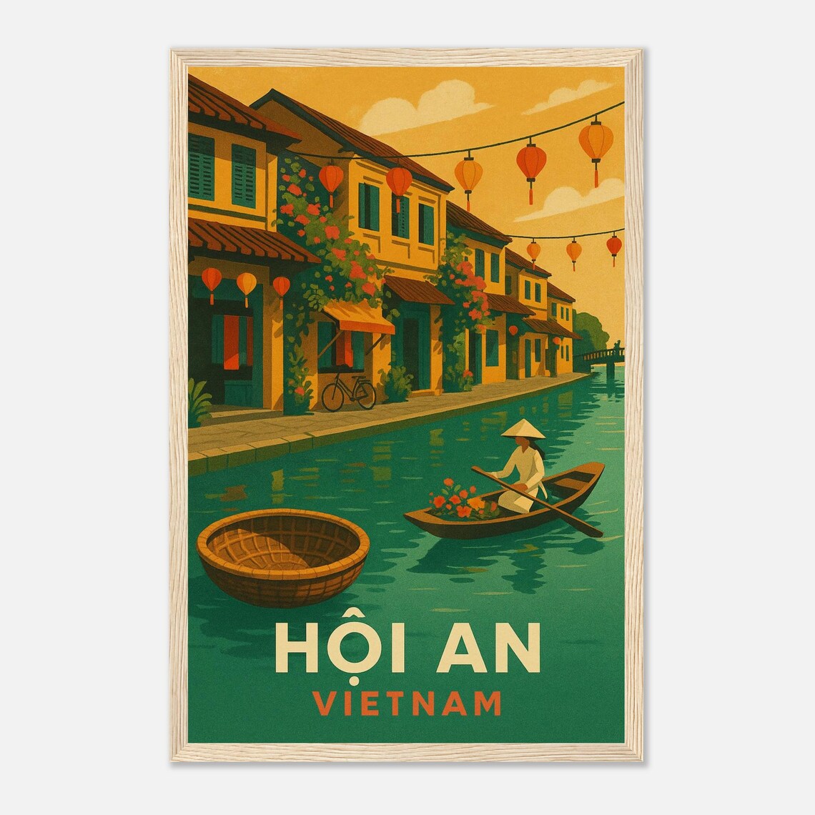 Hoi An Vietnam Glowing Silk Lantern Canal Vintage Travel Poster