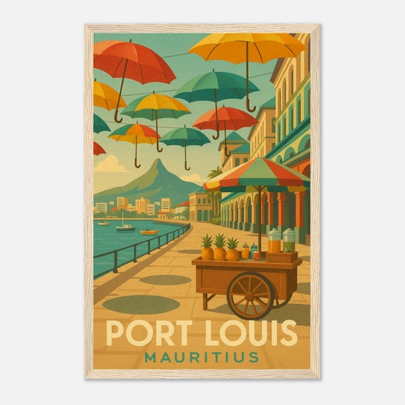 Port Louis Travel Poster Mauritius Wall Art Print Vintage Island Market Illustration Retro Umbrella Street Coastal Decor