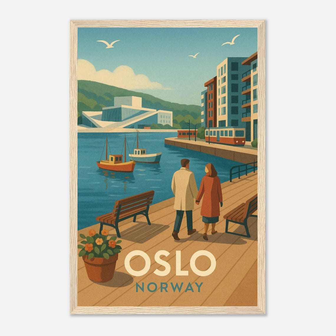 Oslo Norway Harbor Promenade Opera House Vintage Travel Poster