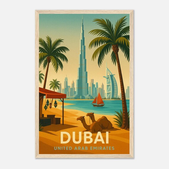 Dubai Burj Khalifa Skyline Camels Beach Vintage Travel Poster