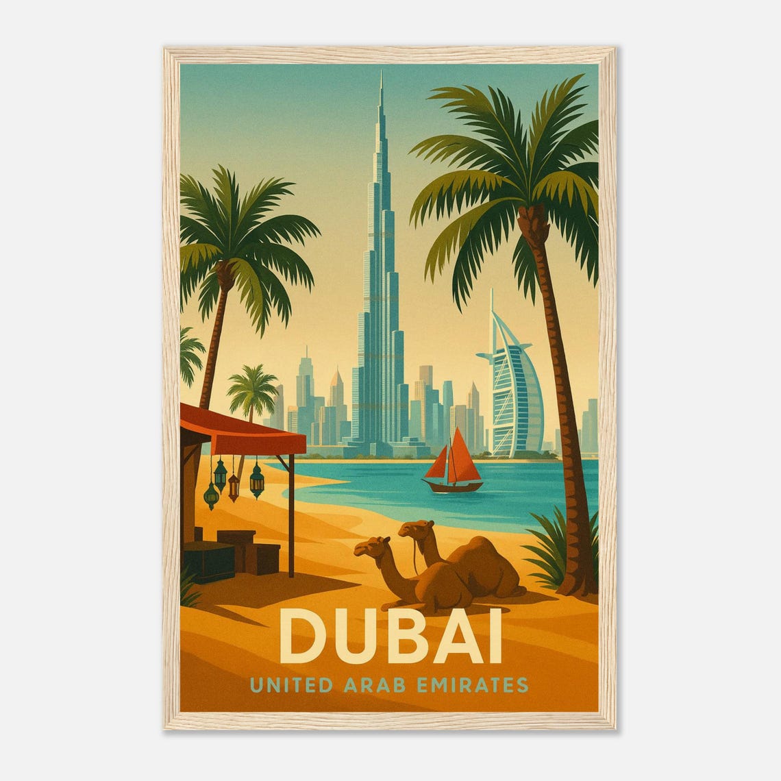 Dubai Burj Khalifa Skyline Camels Beach Vintage Travel Poster