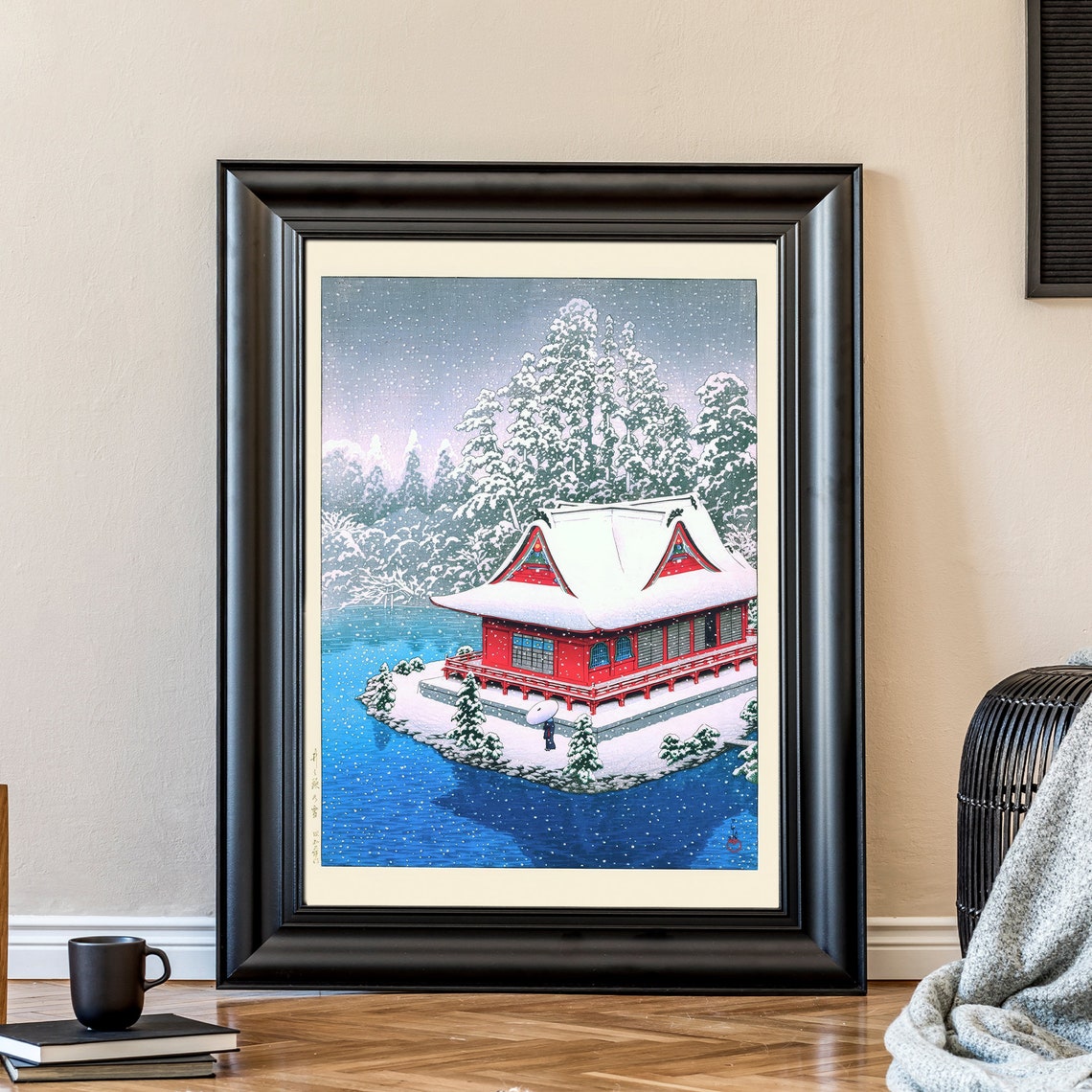 Japanese Snowy Temple Island Lake Woodblock Style Winter Poster - Image 2