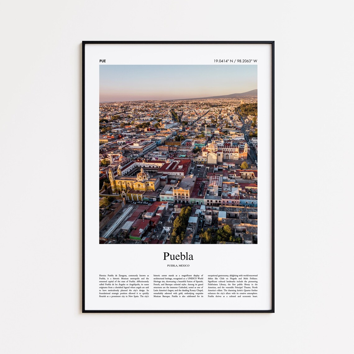 Puebla Mexico Historic Center Aerial Sunset Minimalist Poster