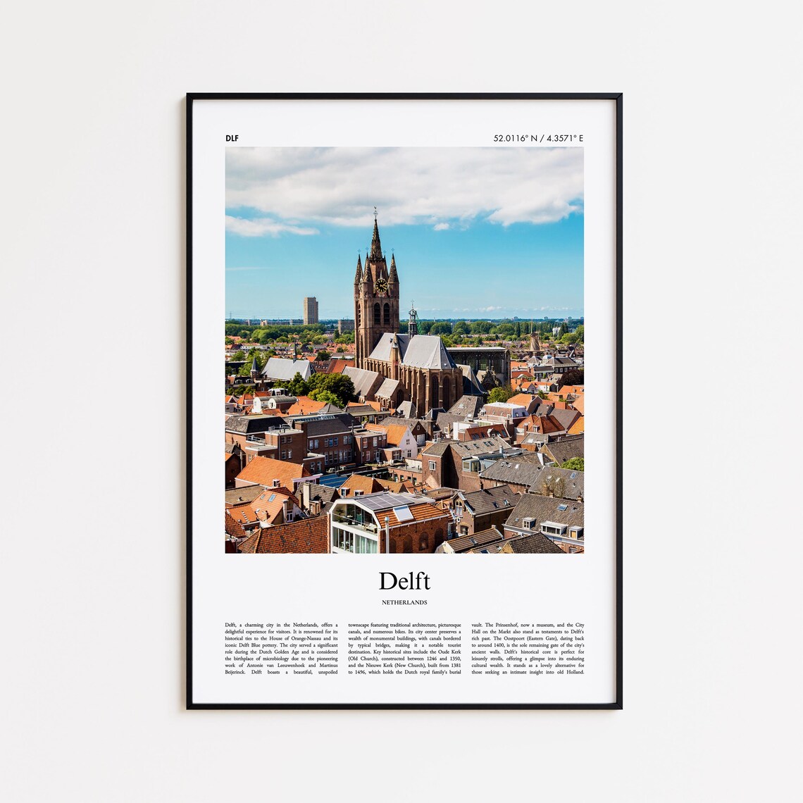 Delft Netherlands Nieuwe Kerk Tower Rooftops Travel Photo Poster