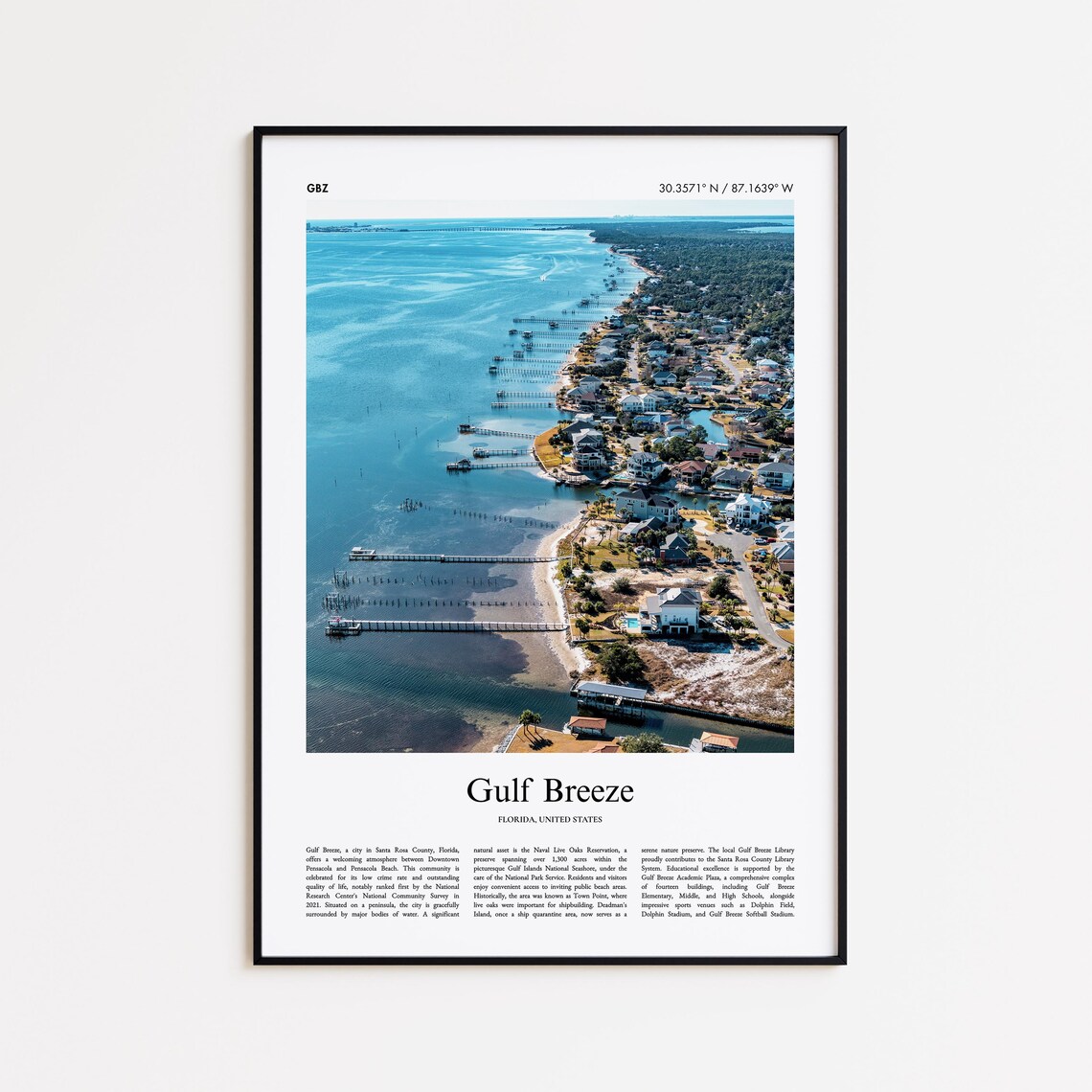 Gulf Breeze Florida Aerial Bay Coastline Piers Photo Travel Poster