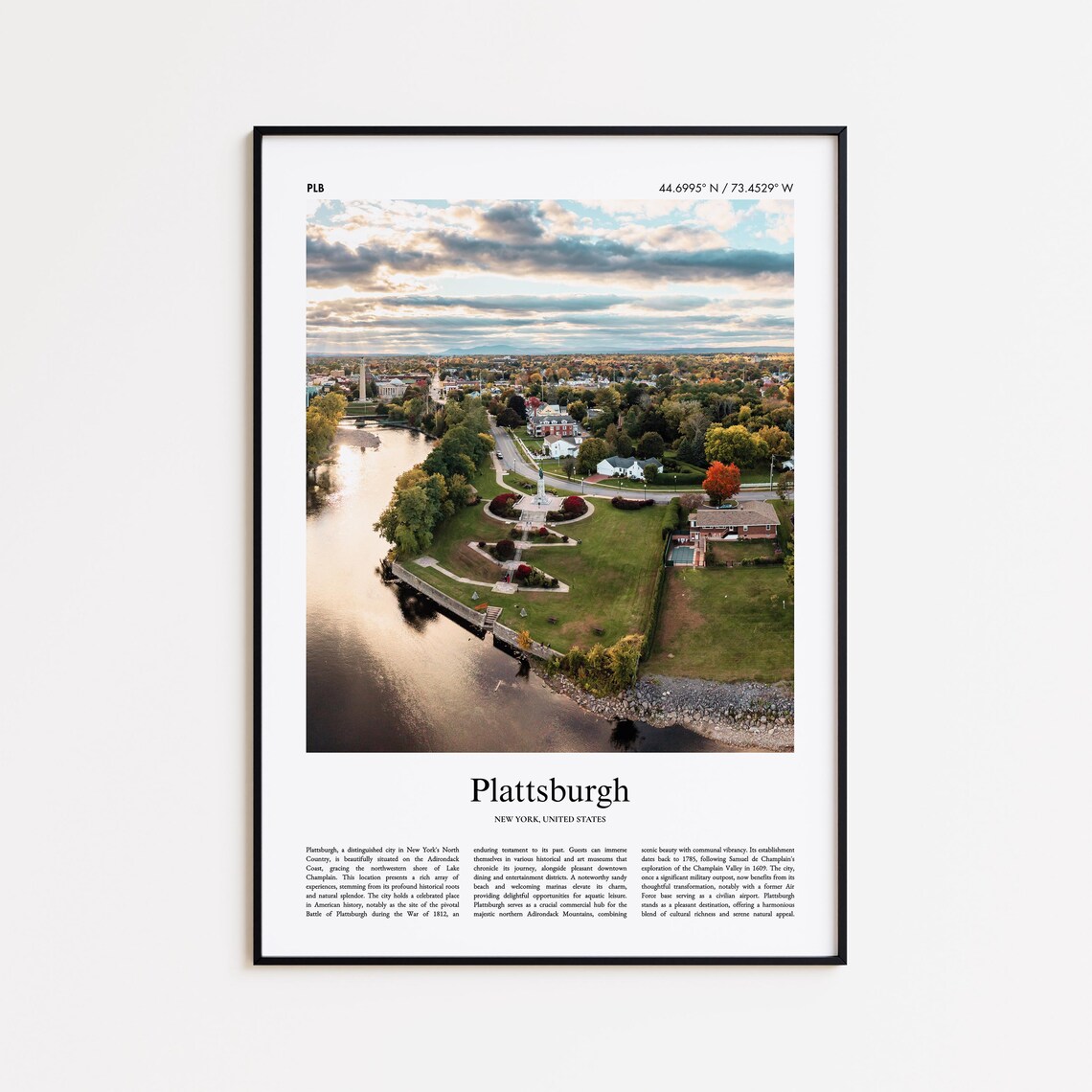 Plattsburgh New York Autumn River Town Aerial View Travel Poster