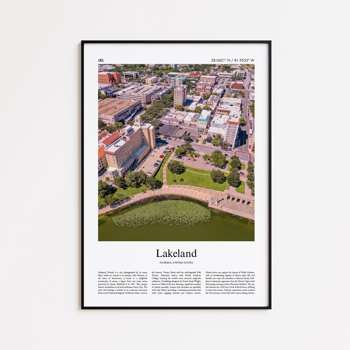 Lakeland Florida Downtown Aerial Lake Mirror View Travel Poster