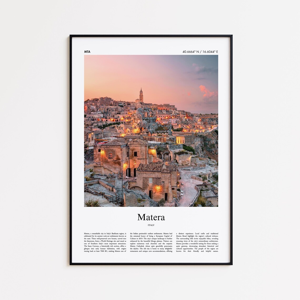 Matera Color Print Travel Poster, Minimal City View