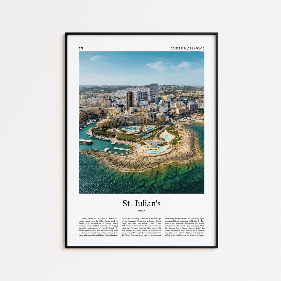 St. Julian's Malta Aerial Marina Coast Bay Real Photo Poster