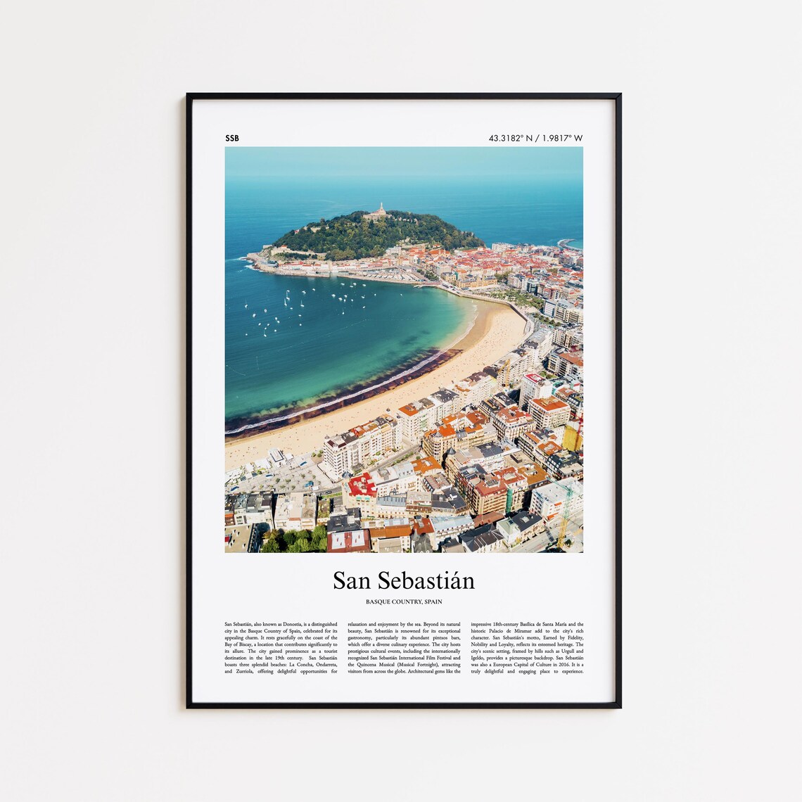 San Sebastian Spain Coastal Aerial Photography Travel Poster