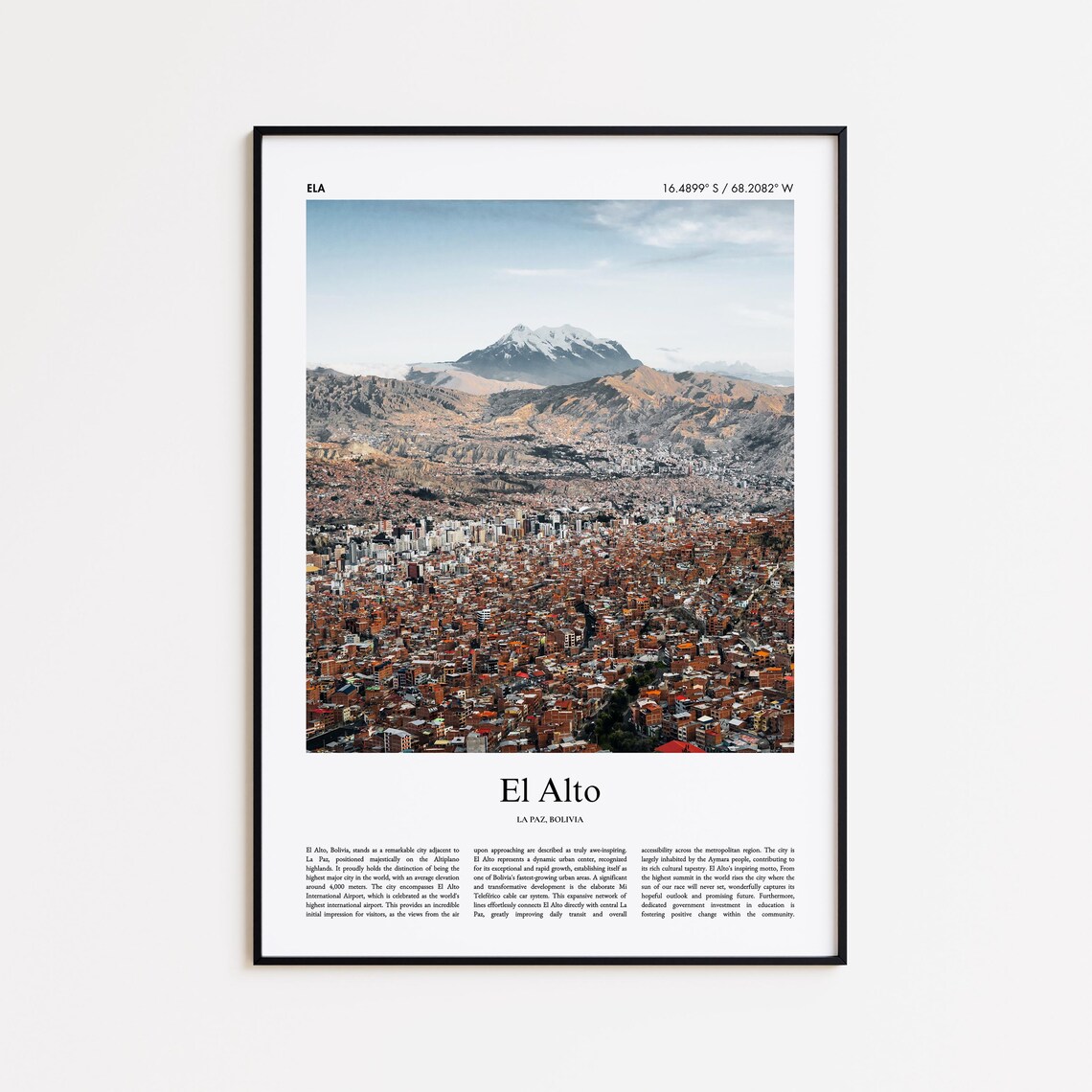 El Alto Bolivia La Paz Cityscape Mountain Photography Travel Print