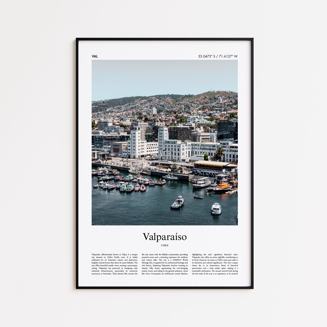 Valparaíso Chile Harbor Boats Hillside City Travel Photo Poster