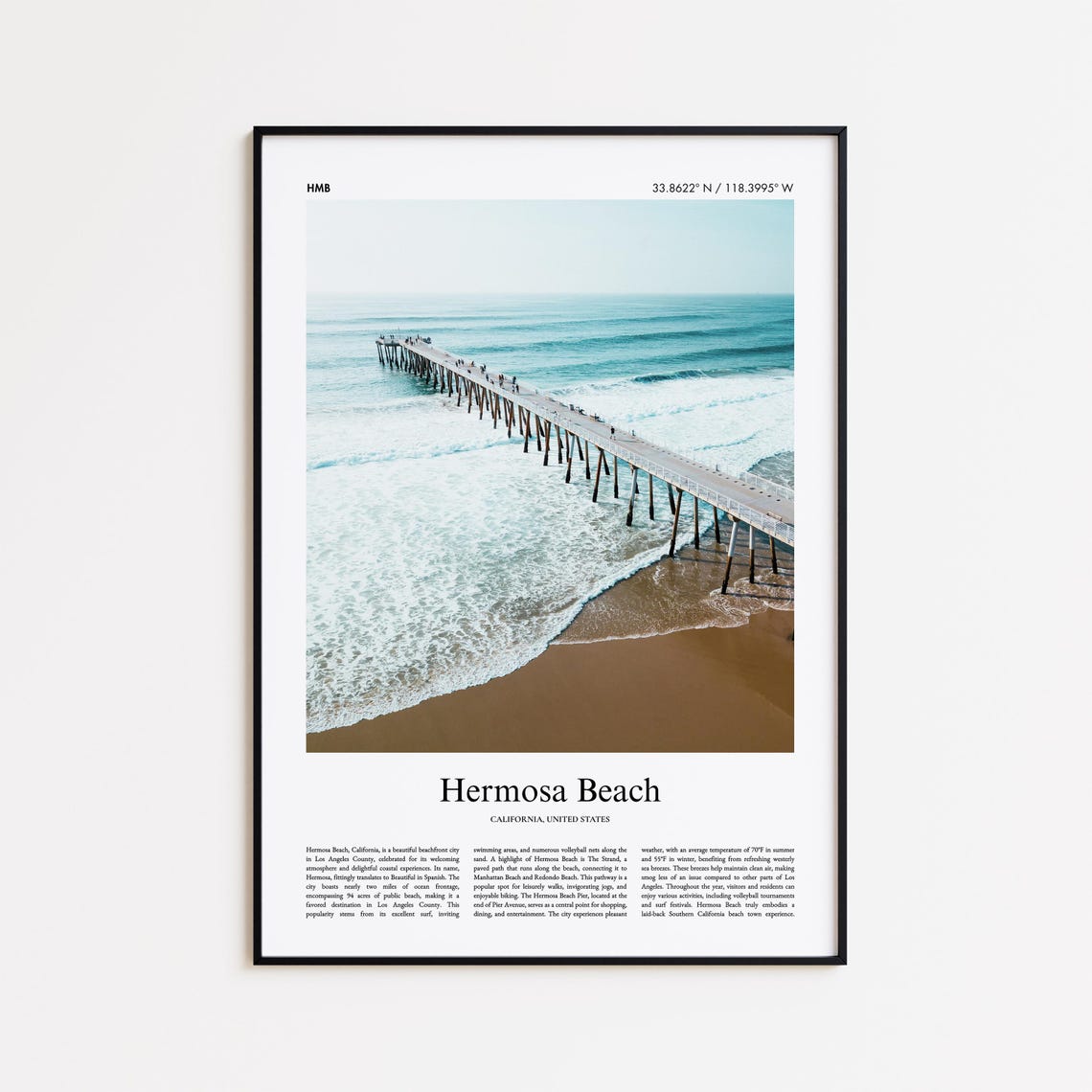 Hermosa Beach California Pier Aerial Ocean Surf Waves Travel Poster