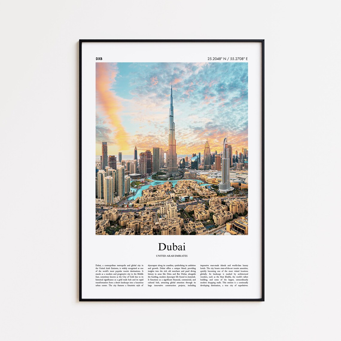 Dubai UAE Burj Khalifa Skyline Sunset City Travel Photo Poster