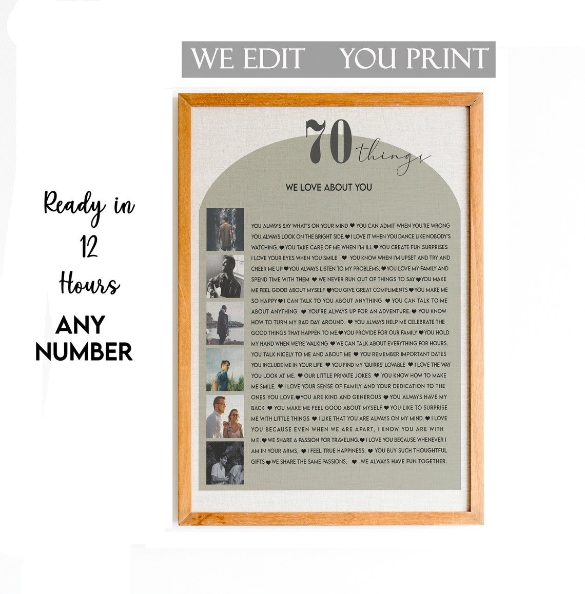 70 Things We Love About You Sage Green Photo List Keepsake Poster