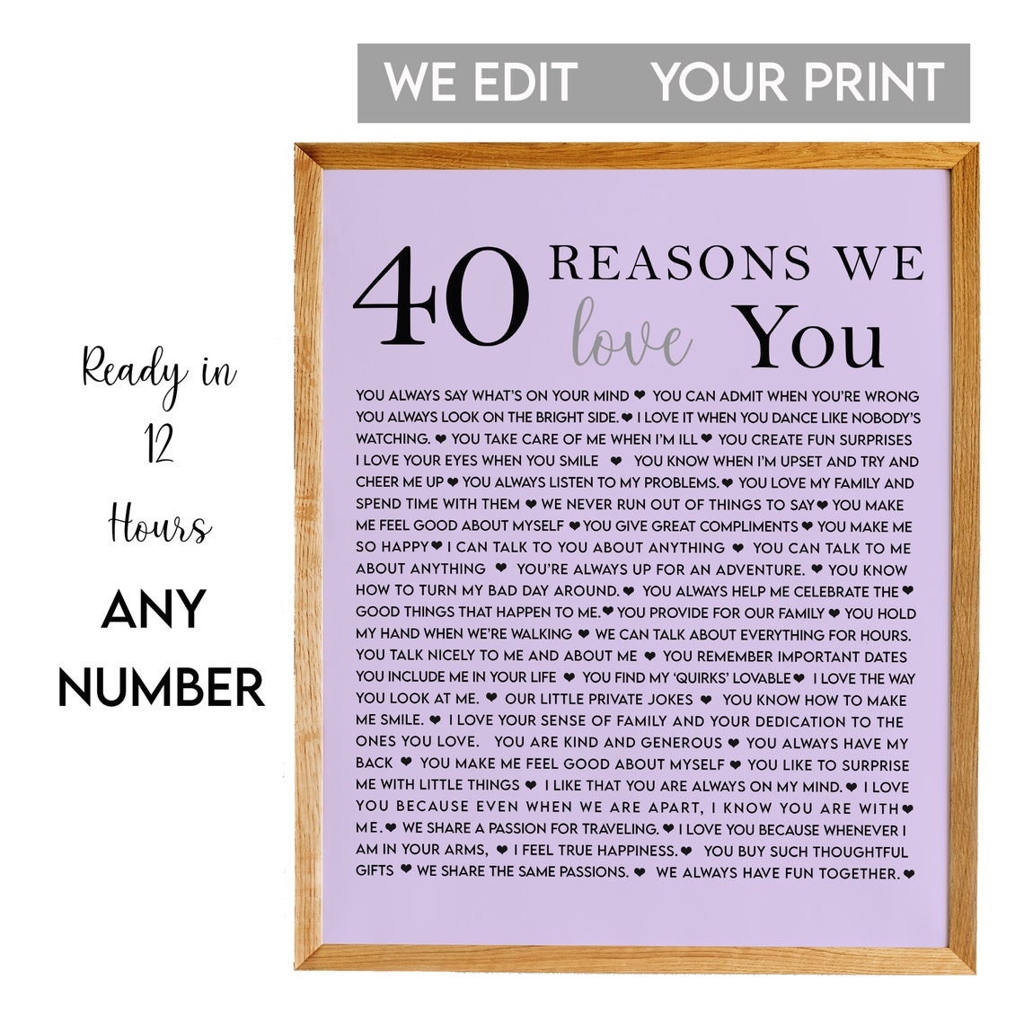 40 Reasons We Love You Lavender Typographic Keepsake Art Poster