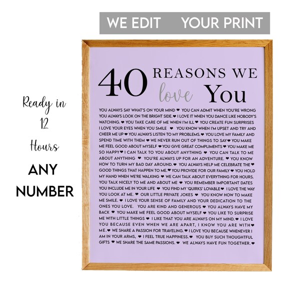 40 Reasons We Love You Lavender Typographic Keepsake Art Poster
