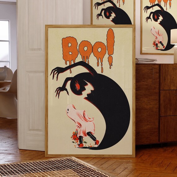 Boo Vintage Orange Ghost Retro Halloween Spooky Night Art Poster