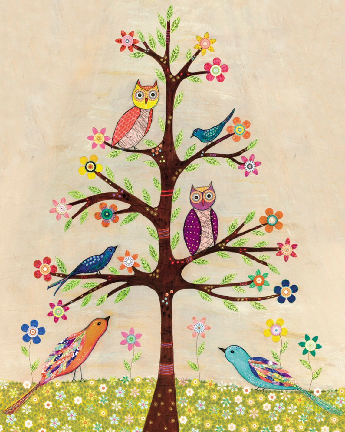 Owls and Birds on a Flowering Tree Whimsical Folk Art Poster