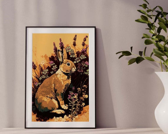 Cottontail Bunny Rabbit Floral Print Cute Bunny Poster Art Rabbit Poster Flowers Print