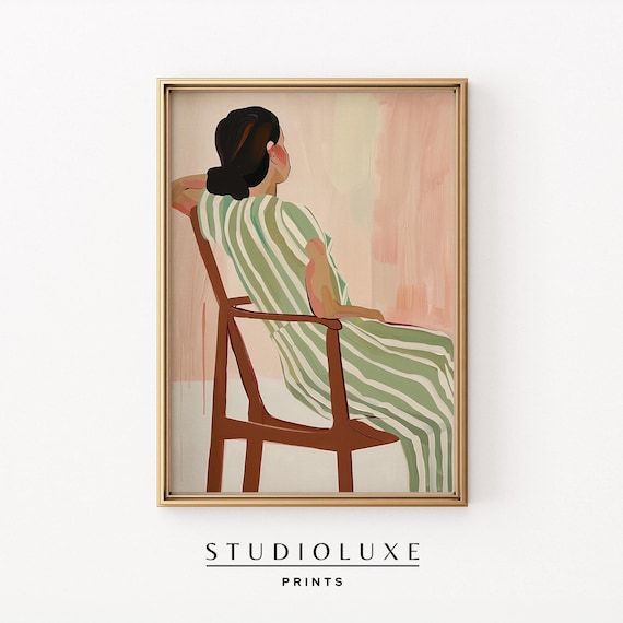 Seated Woman From Behind Striped Dress Modern Abstract Figurative Art Print