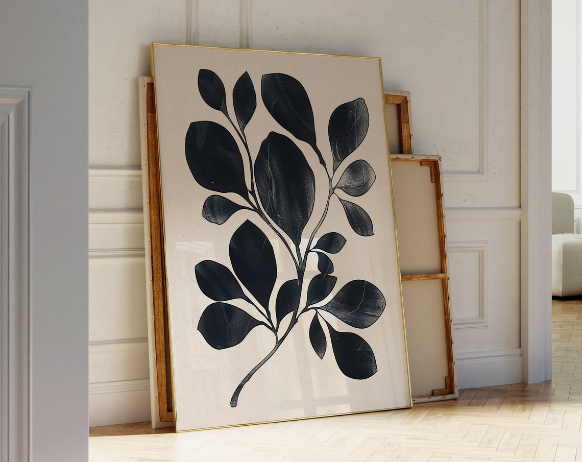 Minimalist Black Botanical Leaf Branch Beige Scandinavian Wall Art