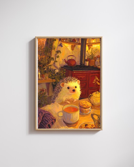 Cozy Hedgehog Wall Artautumn Tea And Muffin Illustrationcottagecore Animal Printcute For Nature Loverscute Autumn Decor
