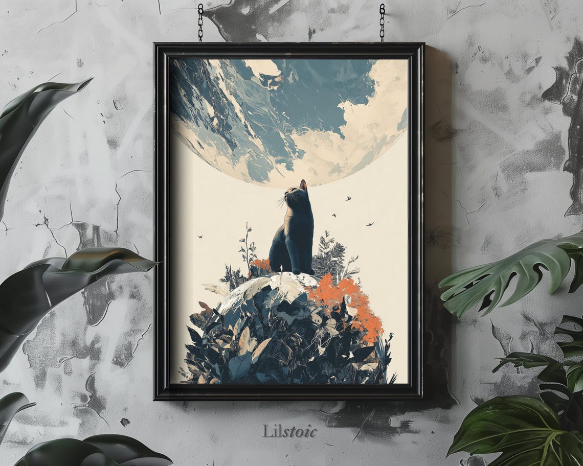 Black Cat Moon Botanical Floral Gothic Whimsical Space Art Poster