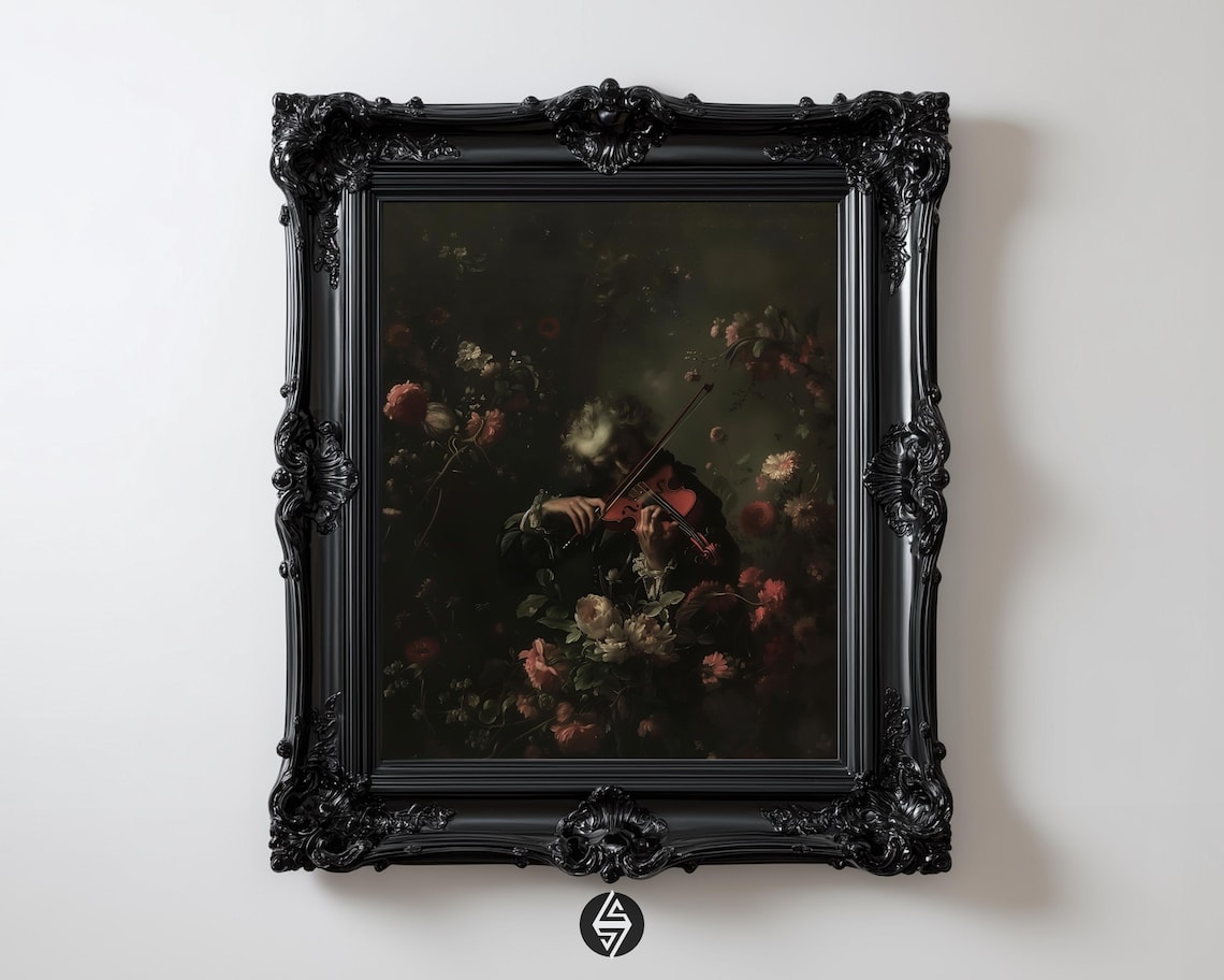 Baroque Violinist In Bloom Art Print, Dark Academia