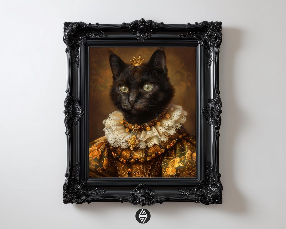 Royal Cat Portrait Gothic Renaissance Black Wall Art Dark Academia