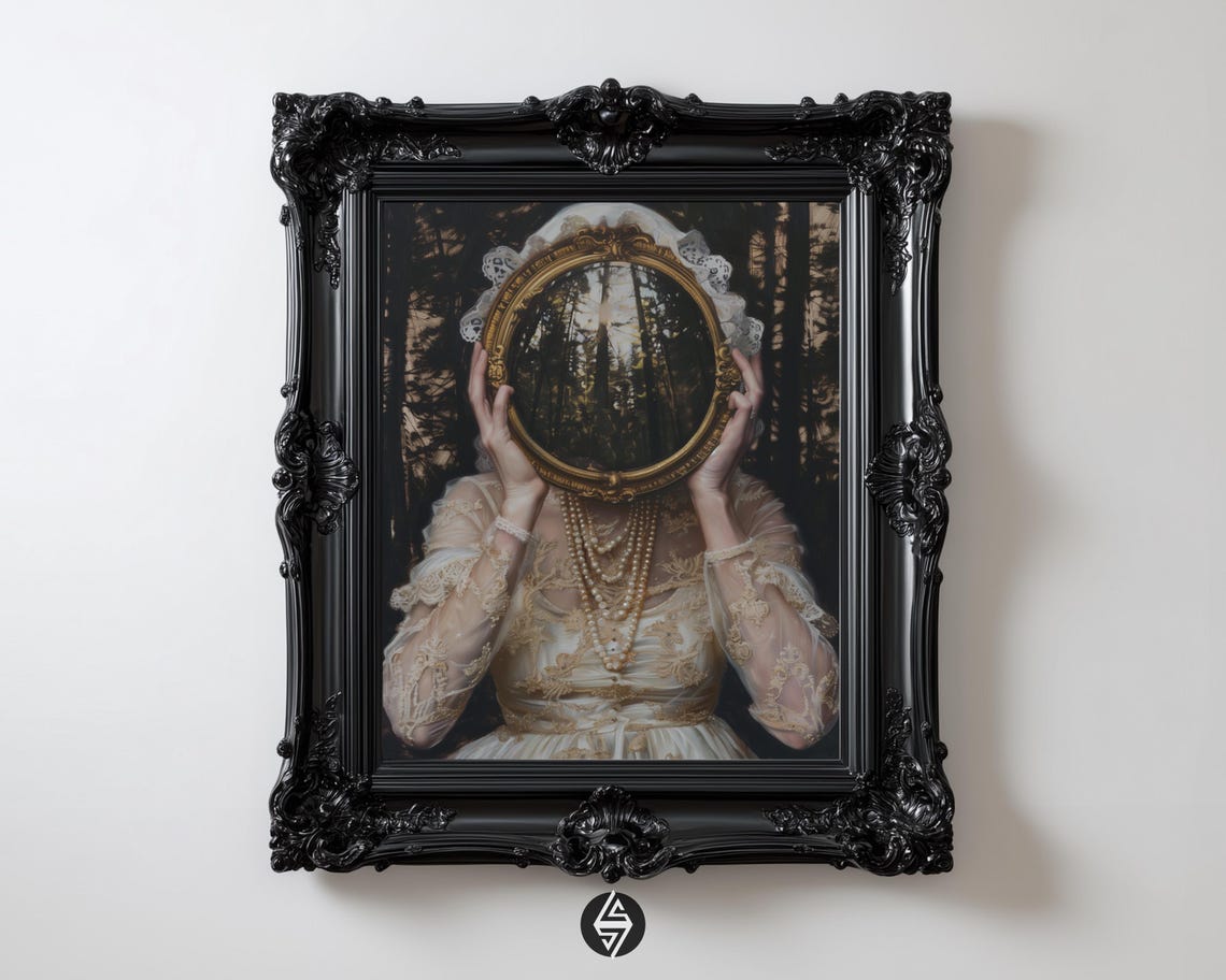 Enchanted Mirror Gothic Woman Forest Reflection Surreal Art Print