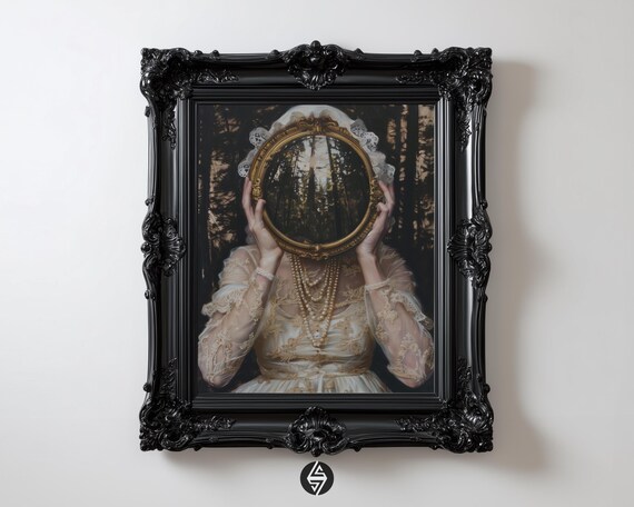 Enchanted Mirror Gothic Woman With Forest Reflection Wall Art Dark Academia
