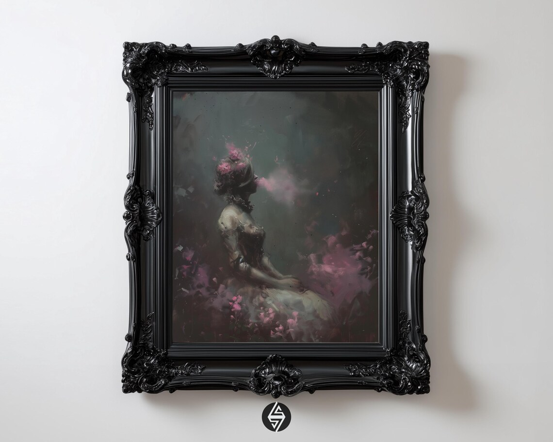 Gothic Victorian Woman Dark Floral Oil Painting Portrait Poster