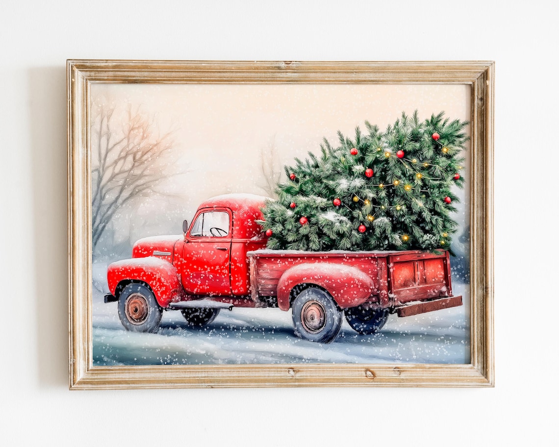 Classic Red Vintage Pickup Truck Hauling Christmas Tree Snowy Poster