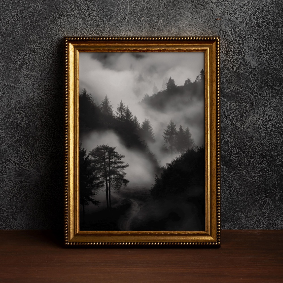 Moody Black And White Foggy Pine Forest Mountain Wall Poster