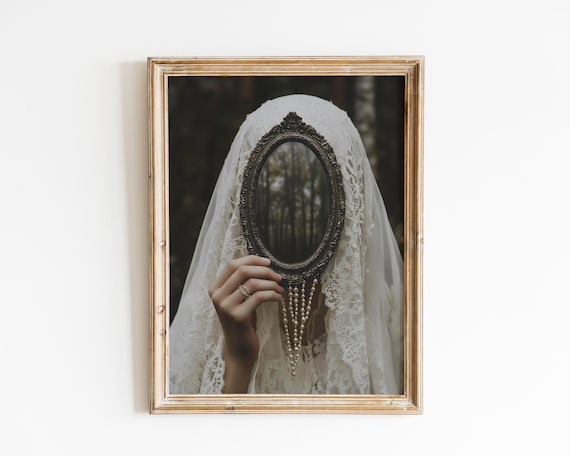 Ghostly Veiled Bride Holding a Dark Mirror Gothic Altered Art Print