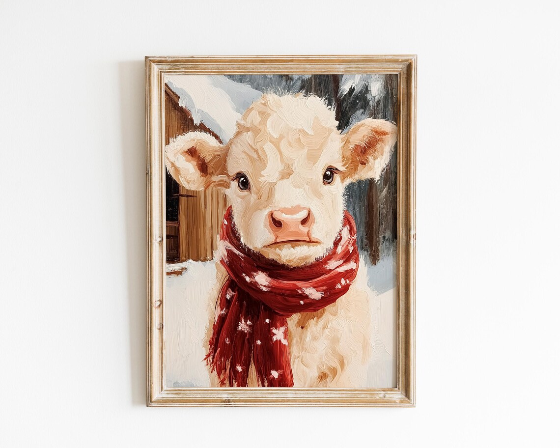 Cute Highland Cow Calf In Red Scarf Winter Snow Oil Painting Poster
