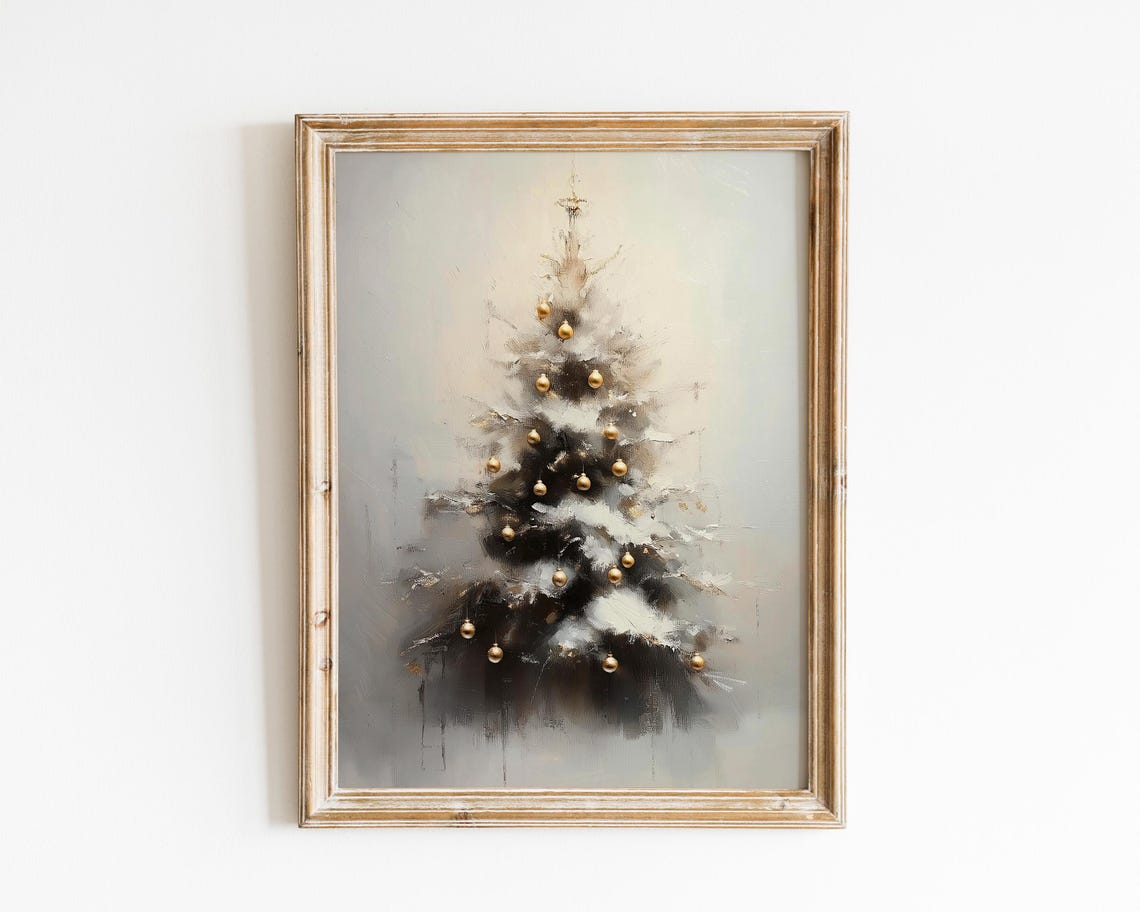 Snowy Christmas Tree Gold Ornaments Rustic Holiday Art Poster