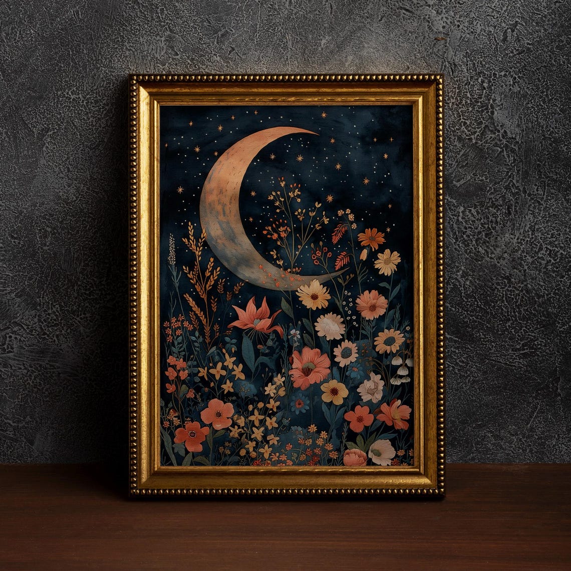 Vintage Crescent Moon and Wildflowers Night Sky Dark Celestial Poster