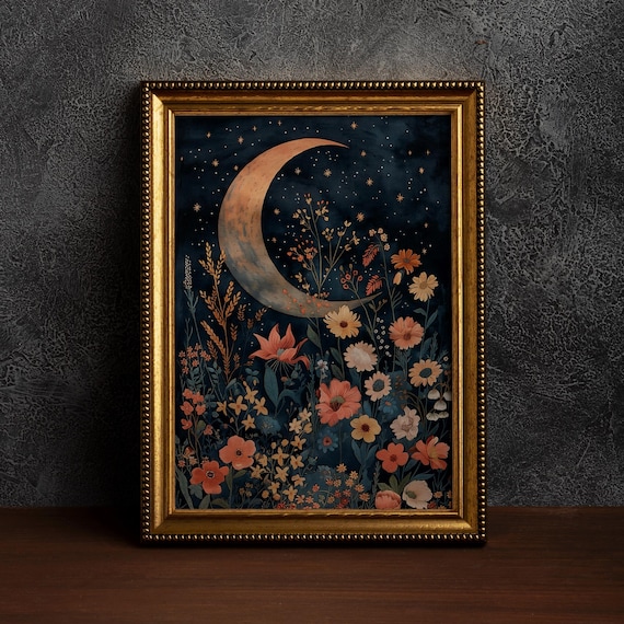Vintage Crescent Moon and Wildflowers Night Sky Dark Celestial Poster