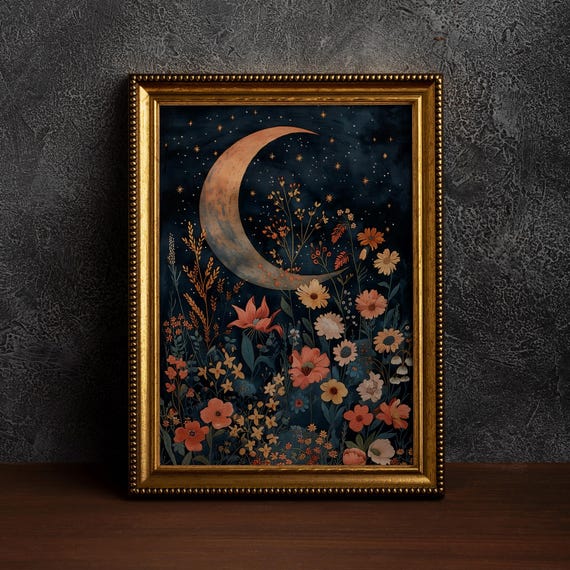 Vintage Enchanting Celestial Mooncelestial Moon Artnight Artvintage Landscapemoon And Flowersnight Sky Paintingdark Academia