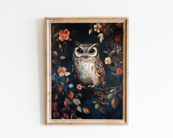 Forest Owl Dark Academia Art Print, Gothic Botanical