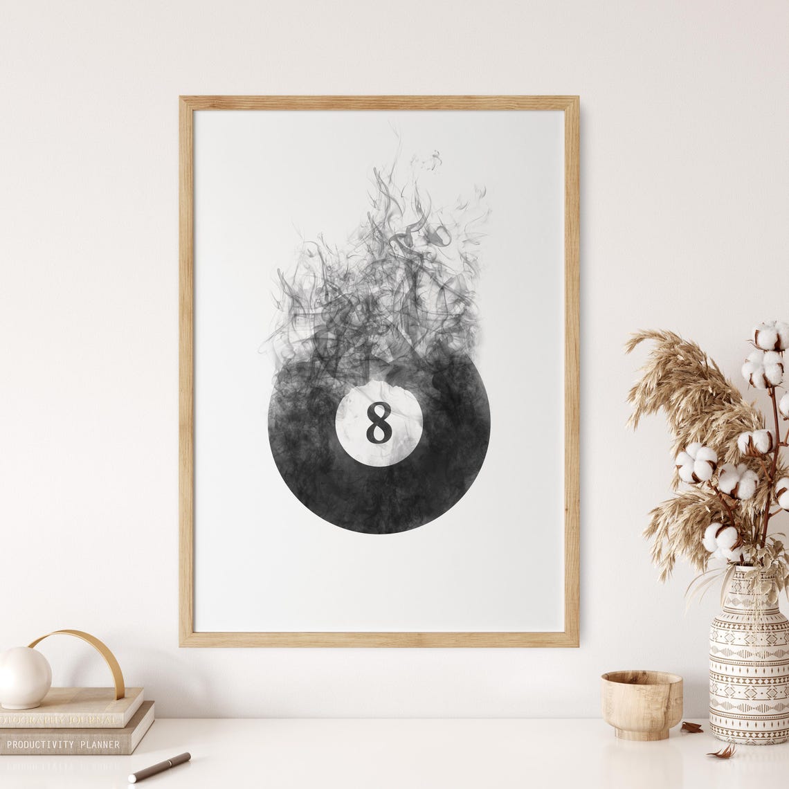 Dramatic Smoky 8 Ball Black White Ink Smoke Pool Billiards Poster - Image 2