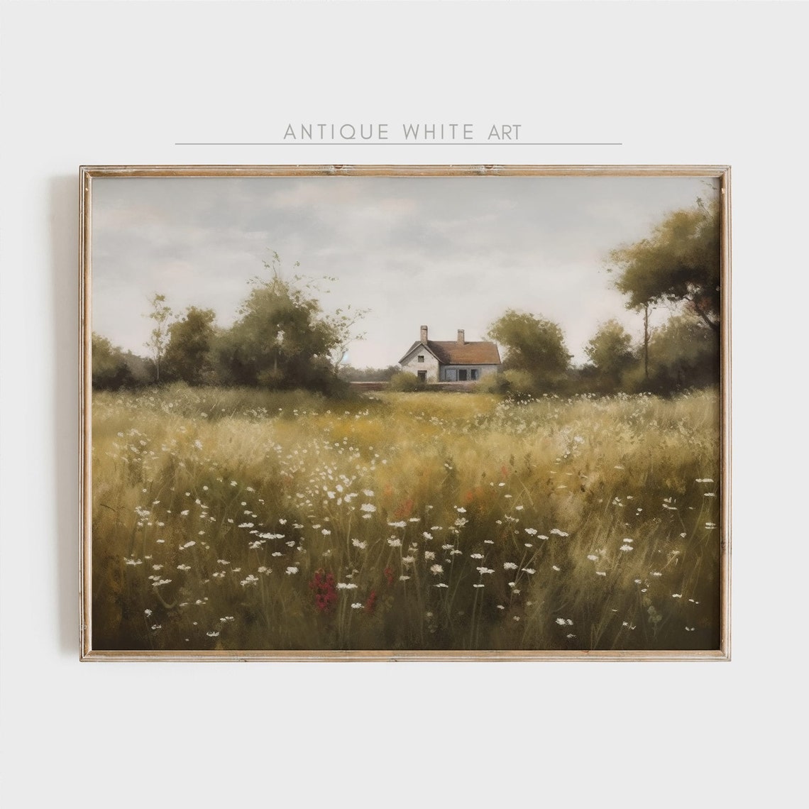Muted Cottage Oil Painting Vintage Cottage Painting Country Landscape Print Antique Field Decor English Cottage Country Farmhouse A47