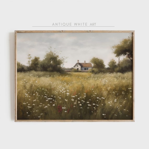 Muted Cottage Oil Painting Vintage Cottage Painting Country Landscape Print Antique Field Decor English Cottage Country Farmhouse A47